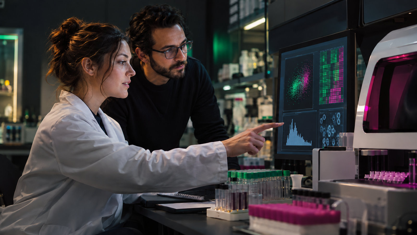 Biomedizinische Wissenschaftlerin und Datenspezialist werten Daten neben Laborgeräten aus