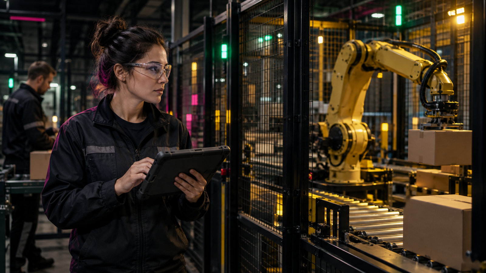 Automatisierungsingenieurin mit Tablet vor einer gesicherten Roboterzelle in der Fabrik