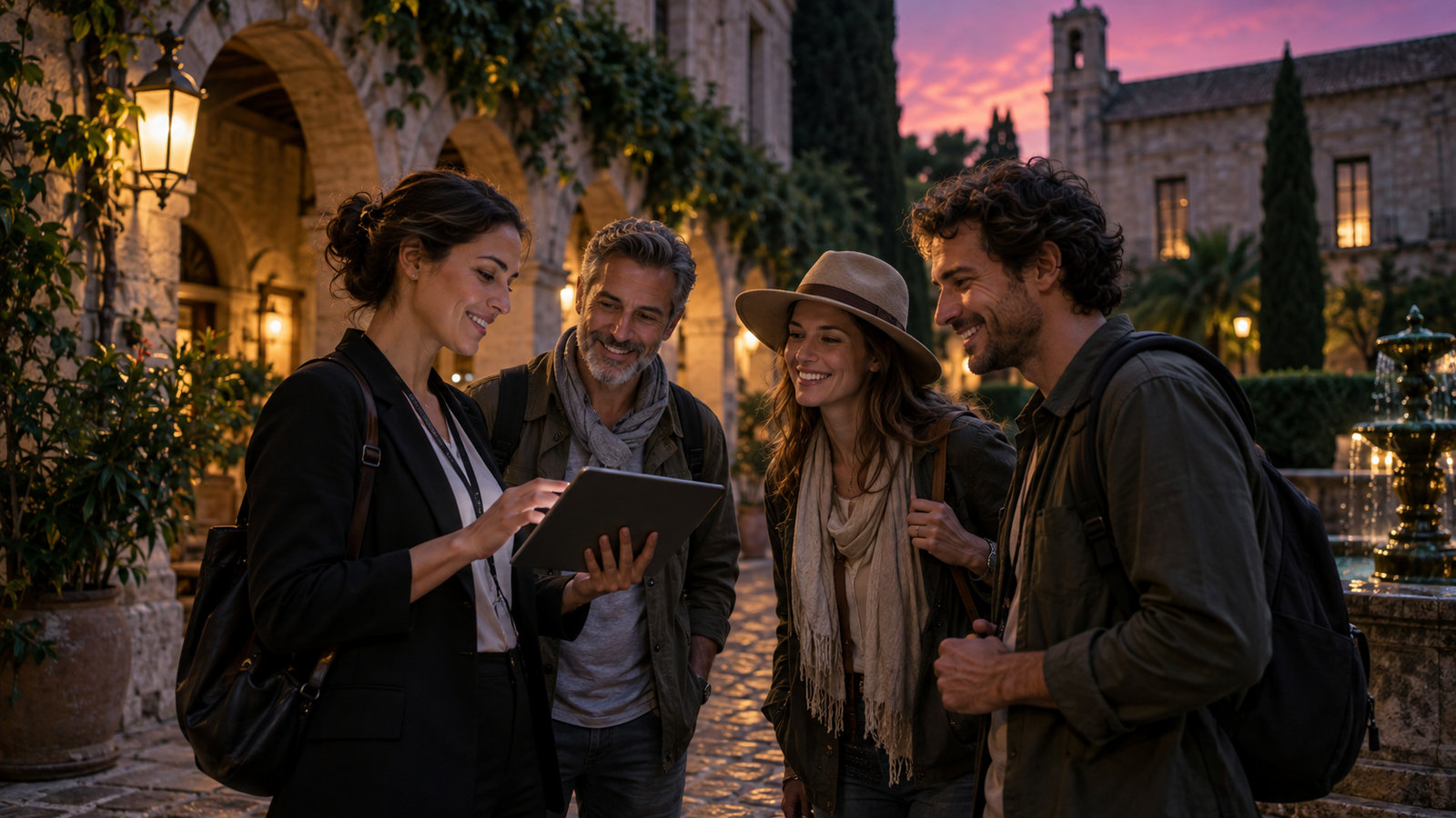 Reiseleiterin prüft mit einem Tablet Buchungen vor einer Reisegruppe in einem historischen Innenhof