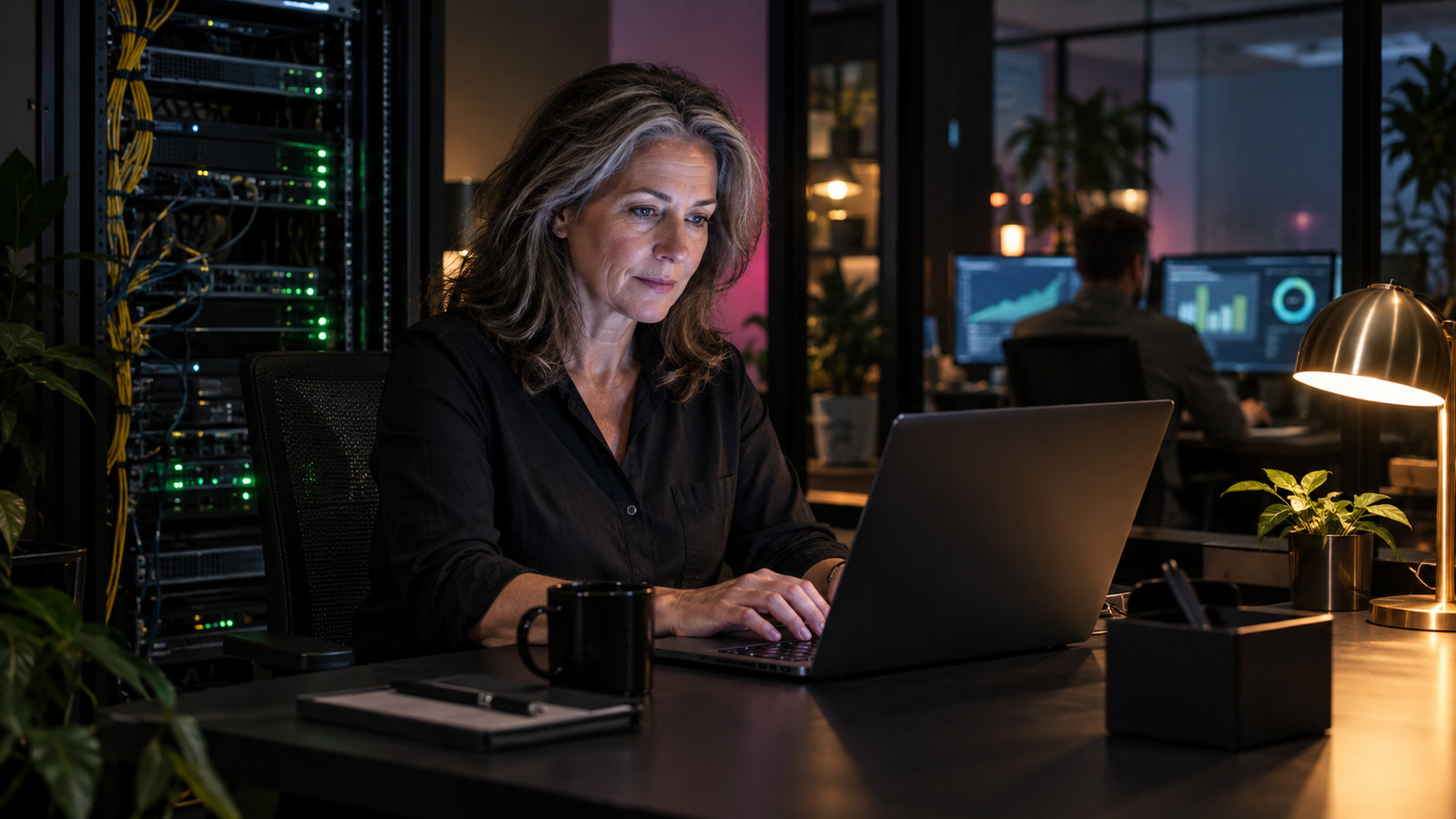 IT-Administratorin verwaltet Hosting-Dienste am Laptop neben einem Serverrack