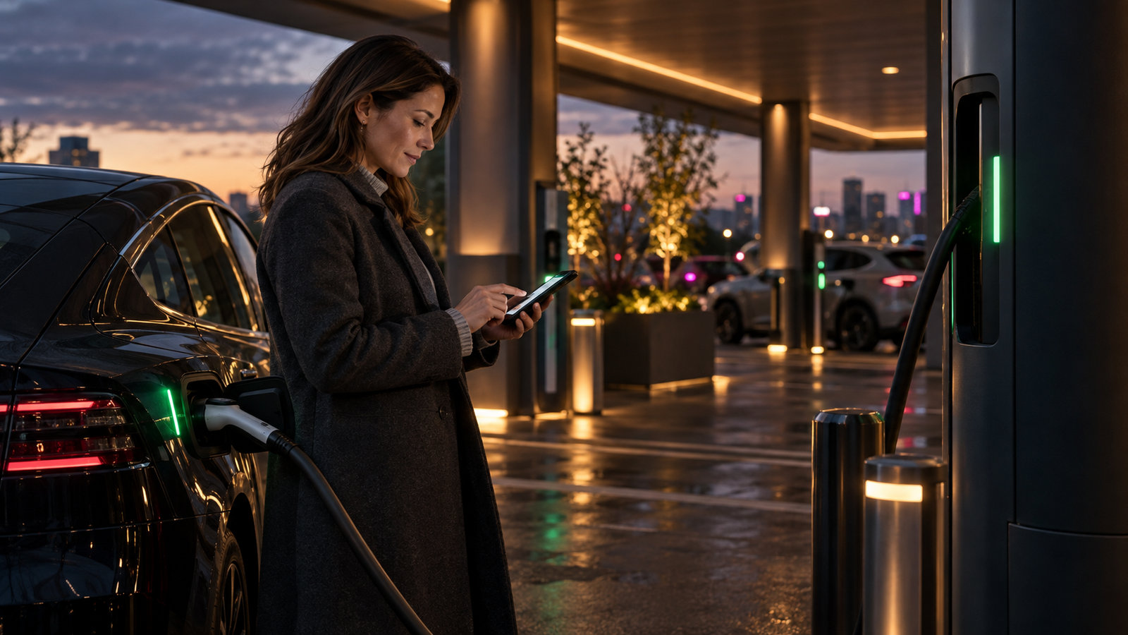 Frau bezahlt einen Ladevorgang für ihr Elektroauto per Smartphone an einer Ladestation