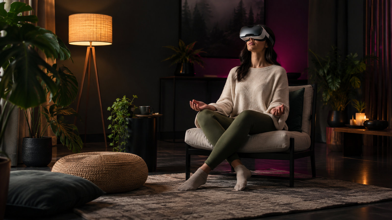 Frau trägt in einem ruhigen Raum ein VR-Headset während einer geführten Meditation