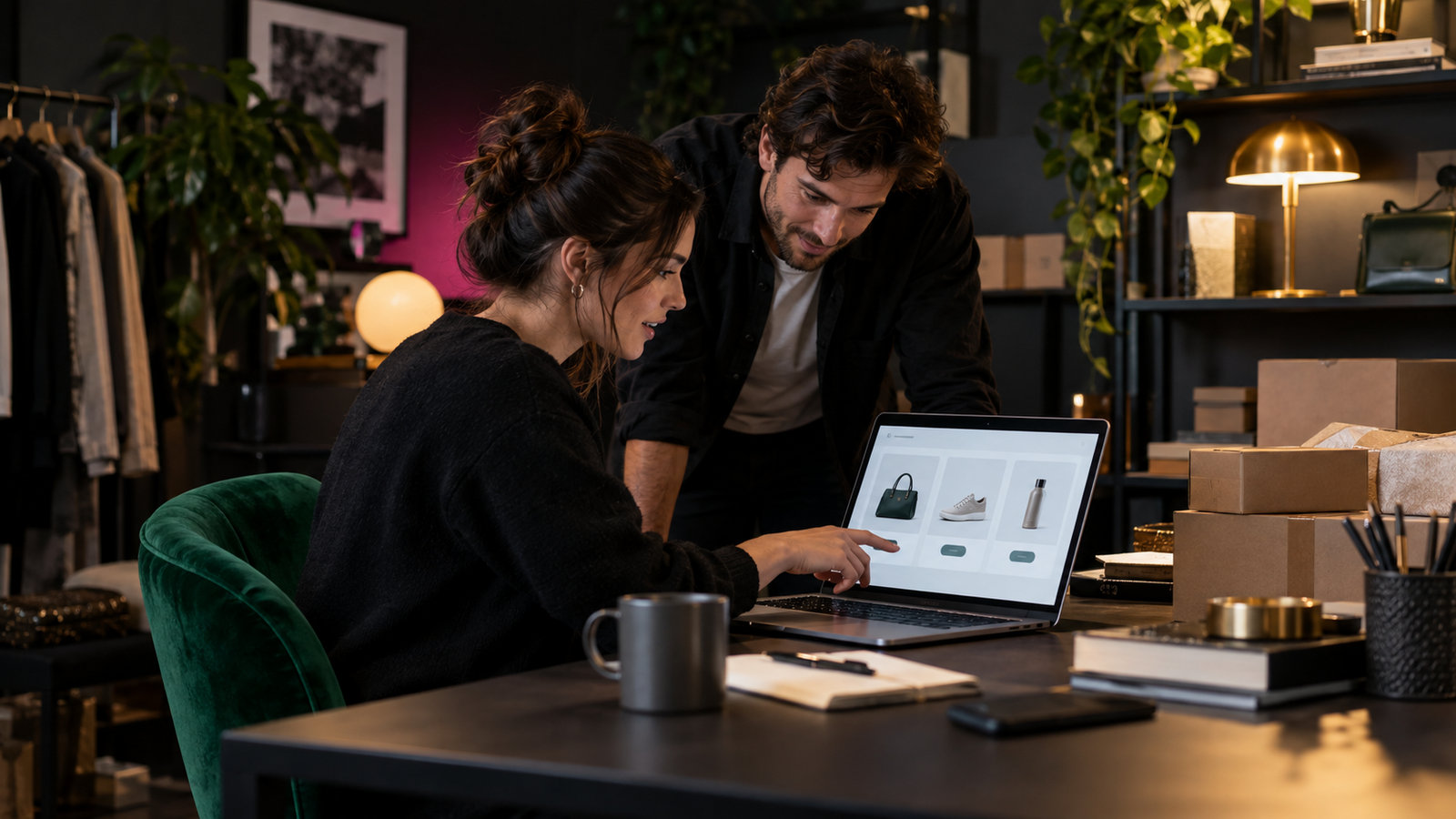 E-Commerce-Managerin und Kollege besprechen den Checkout-Prozess am Laptop