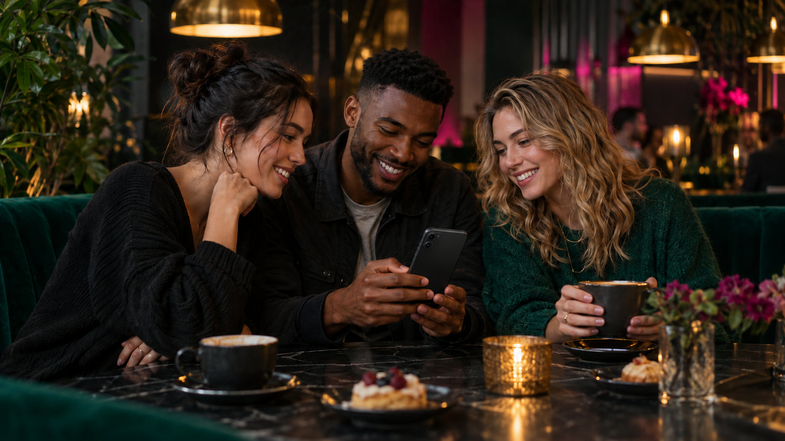 Drei Freunde betrachten gemeinsam ein Foto auf einem Smartphone an einem Cafétisch