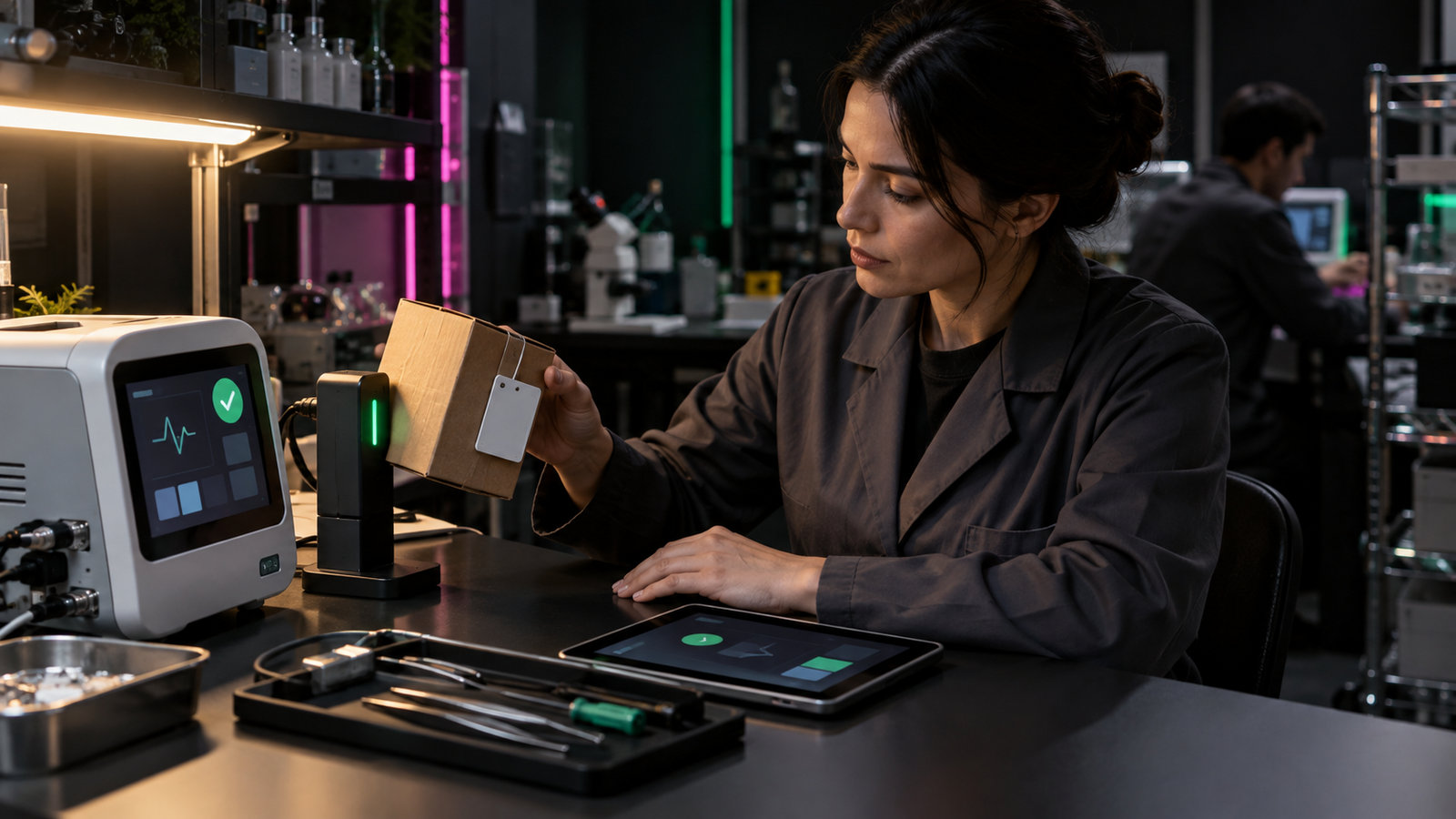 Techniker testet ein medizinisches Gerät neben einer Verpackung mit RFID-Etikett