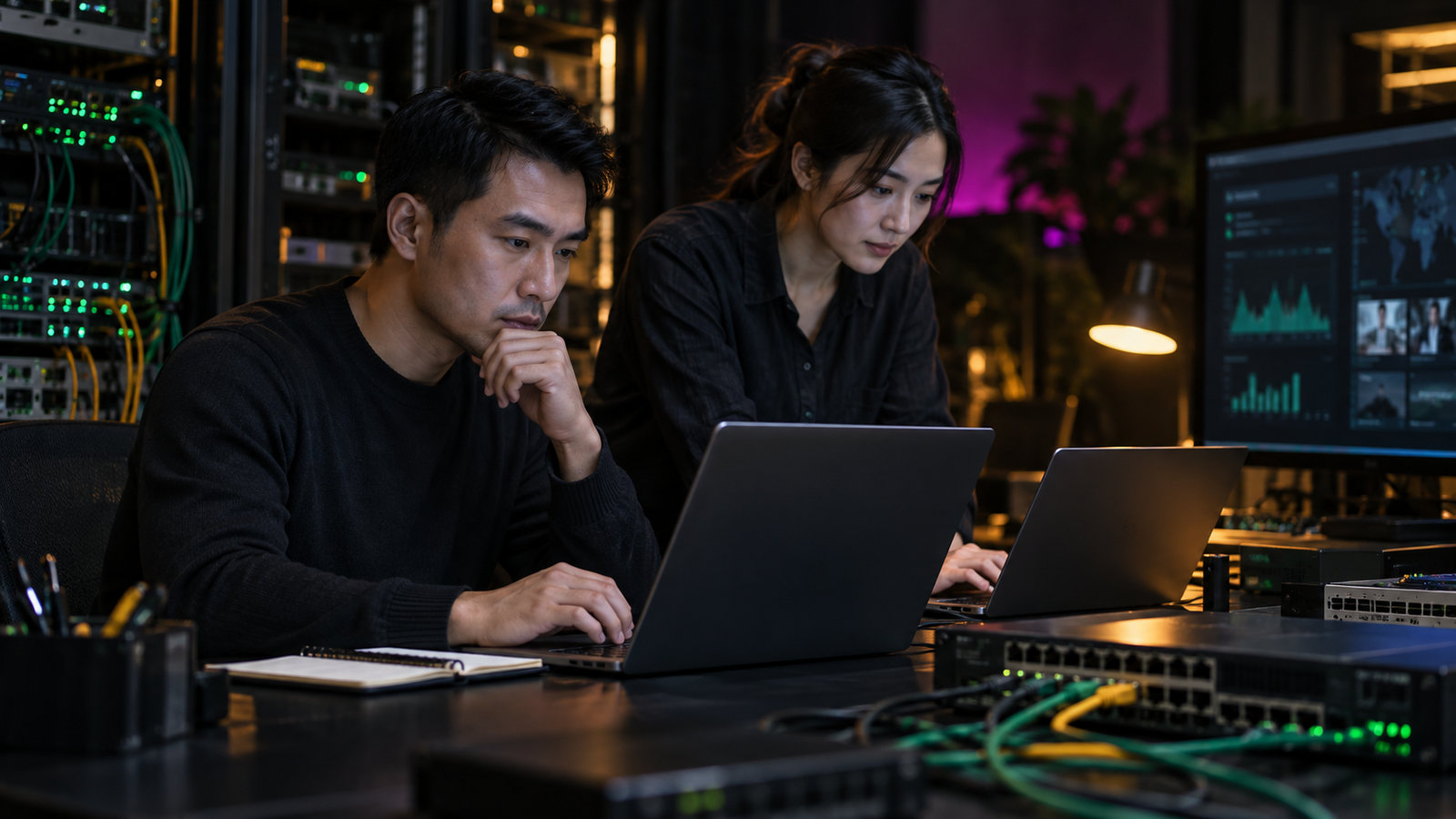 Zwei Testingenieure prüfen eine Webanwendung an Laptops in einem Kommunikationslabor