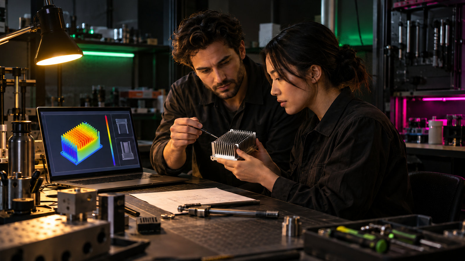 Ingenieur untersucht ein Metallbauteil neben einer Wärmebild-Darstellung am Laptop