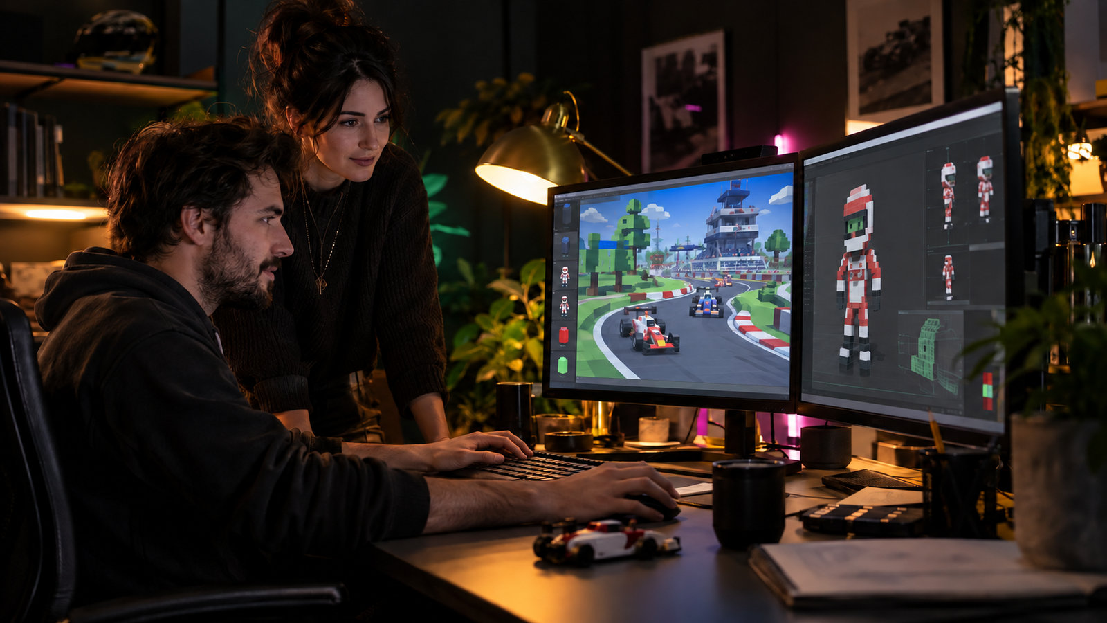 Spieleentwickler und Digitalkünstlerin arbeiten an einer Rennspiel-Szene am Monitor