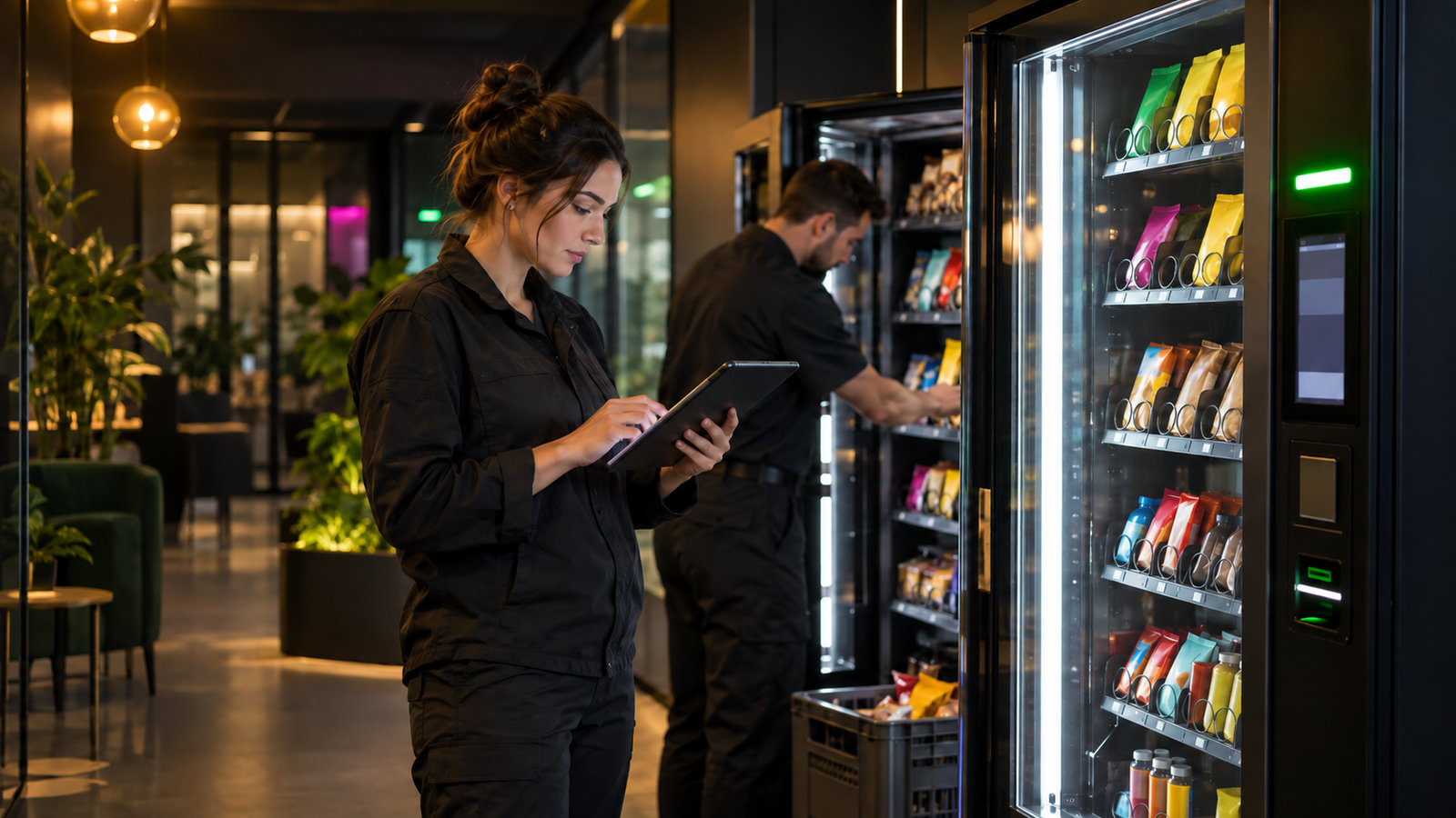 Techniker prüft Verkaufsdaten eines Snackautomaten auf einem Tablet