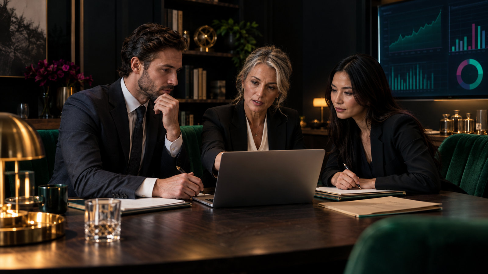 Compliance-Team bespricht Kennzahlen an einem Besprechungstisch