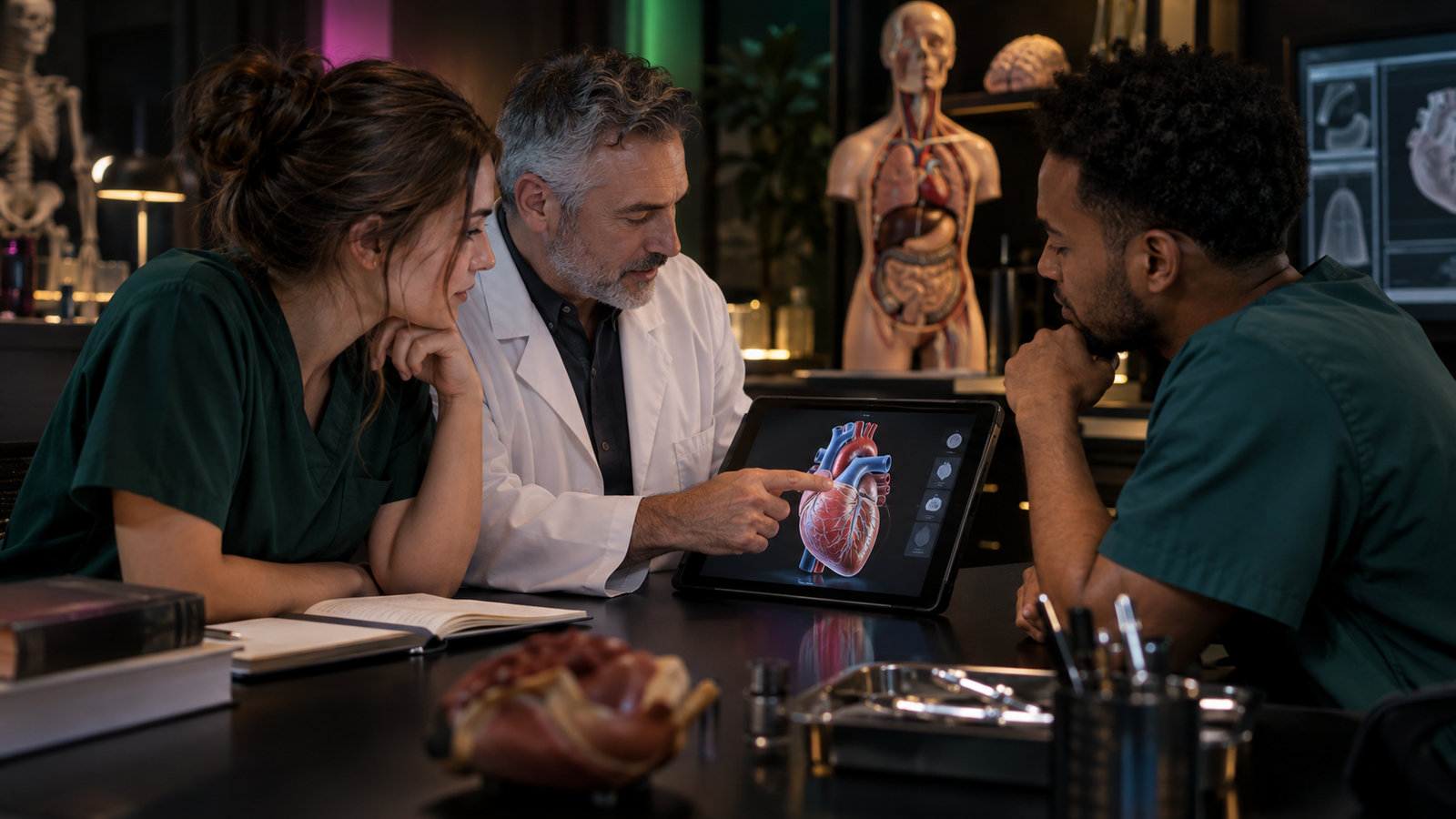 Dozent und zwei Studierende untersuchen ein interaktives Herzmodell auf einem Tablet