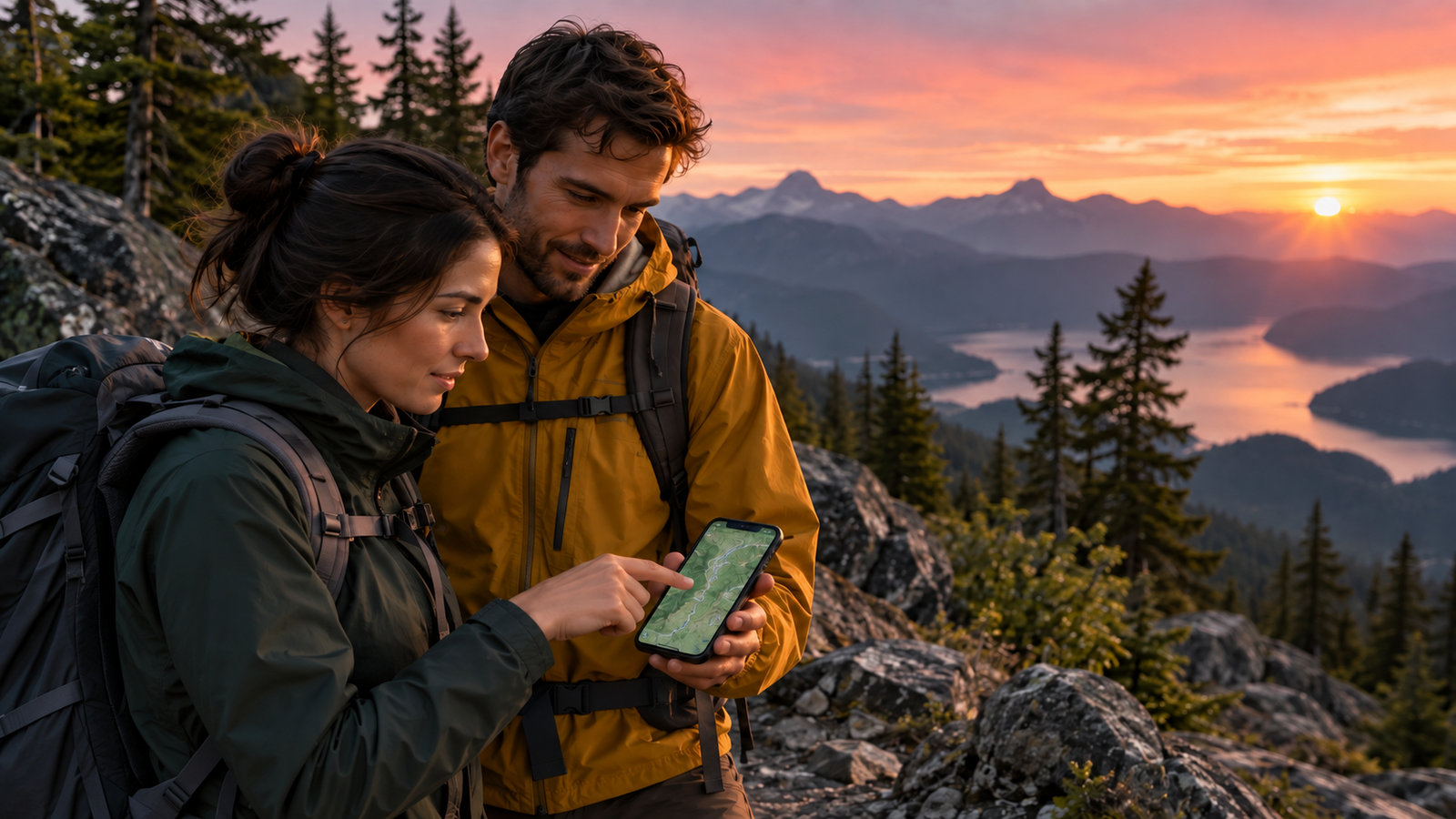 Zwei Wanderer prüfen eine Kartenanwendung auf dem Smartphone an einem Aussichtspunkt