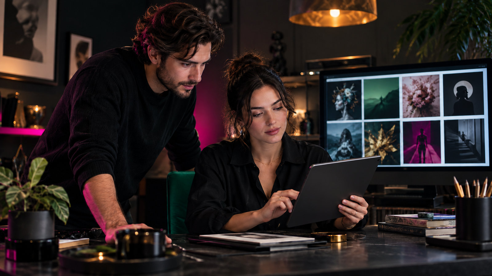 Zwei Designerinnen betrachten ein digitales Kunstwerk auf einem Tablet vor einem Bildschirm mit Vorschaubildern