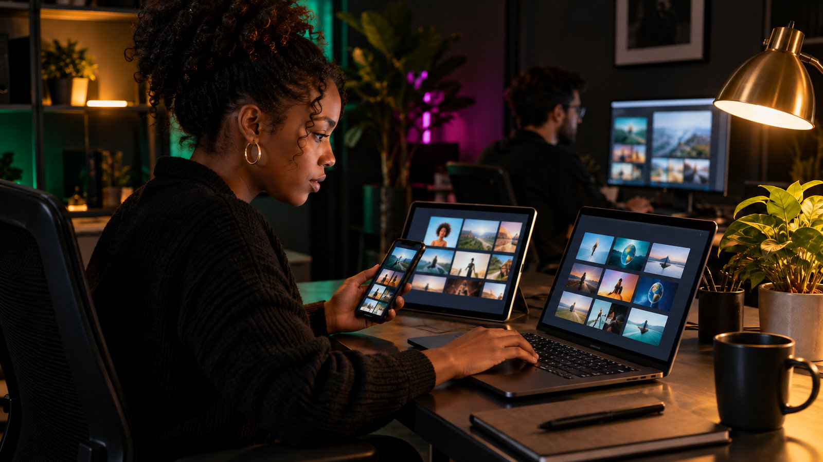 Qualitätsingenieurin vergleicht eine Webanwendung auf Laptop, Tablet und Smartphone