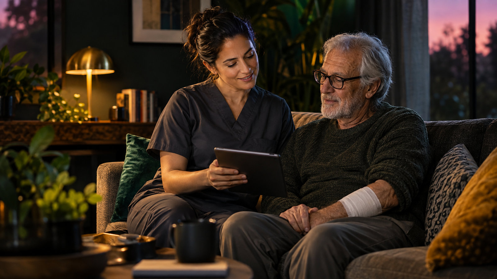 Home-care nurse reviewing a tablet beside a patient with a bandaged forearm