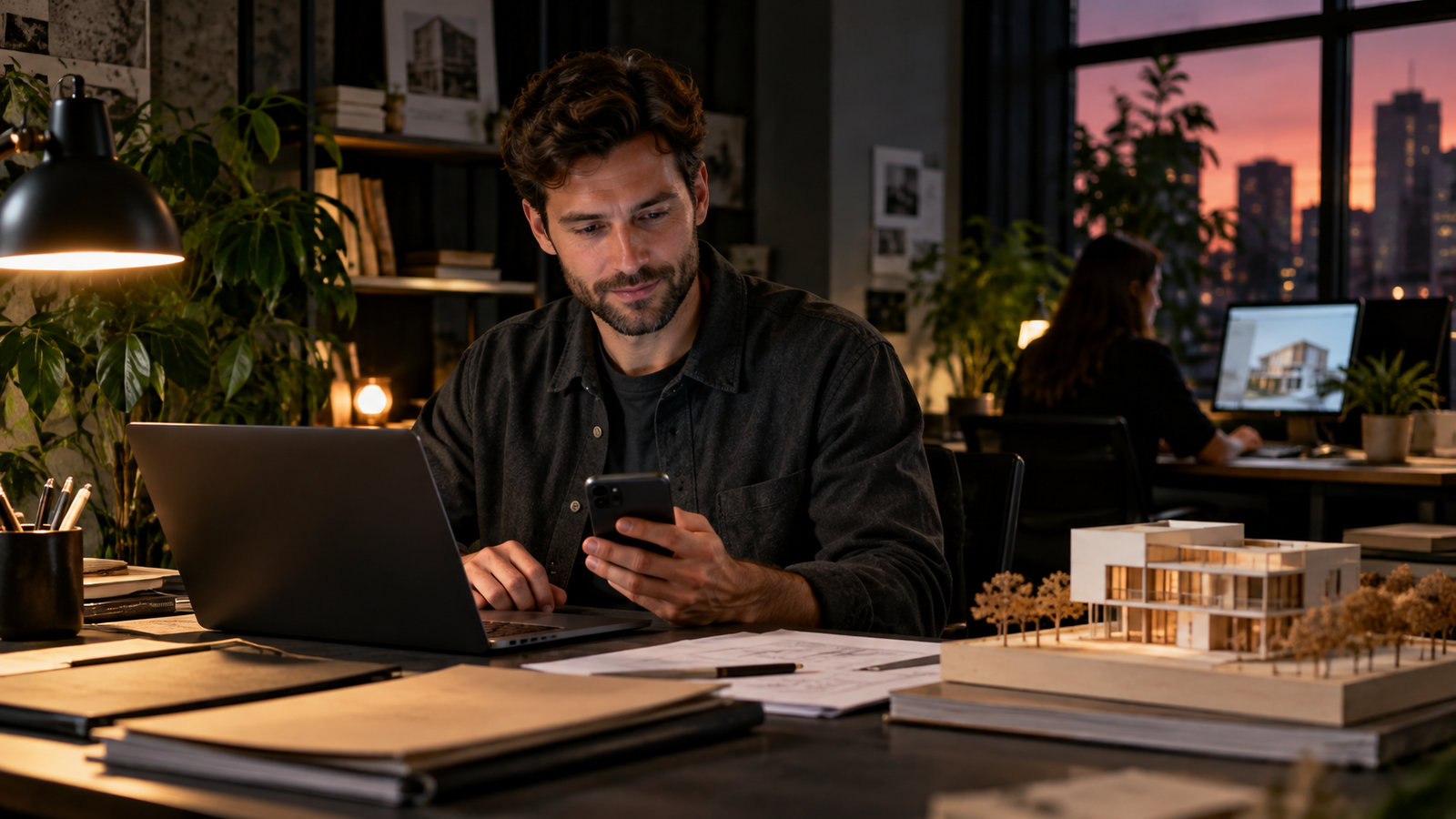 Projektkoordinator prüft Aufgaben am Smartphone neben einem Laptop im Büro