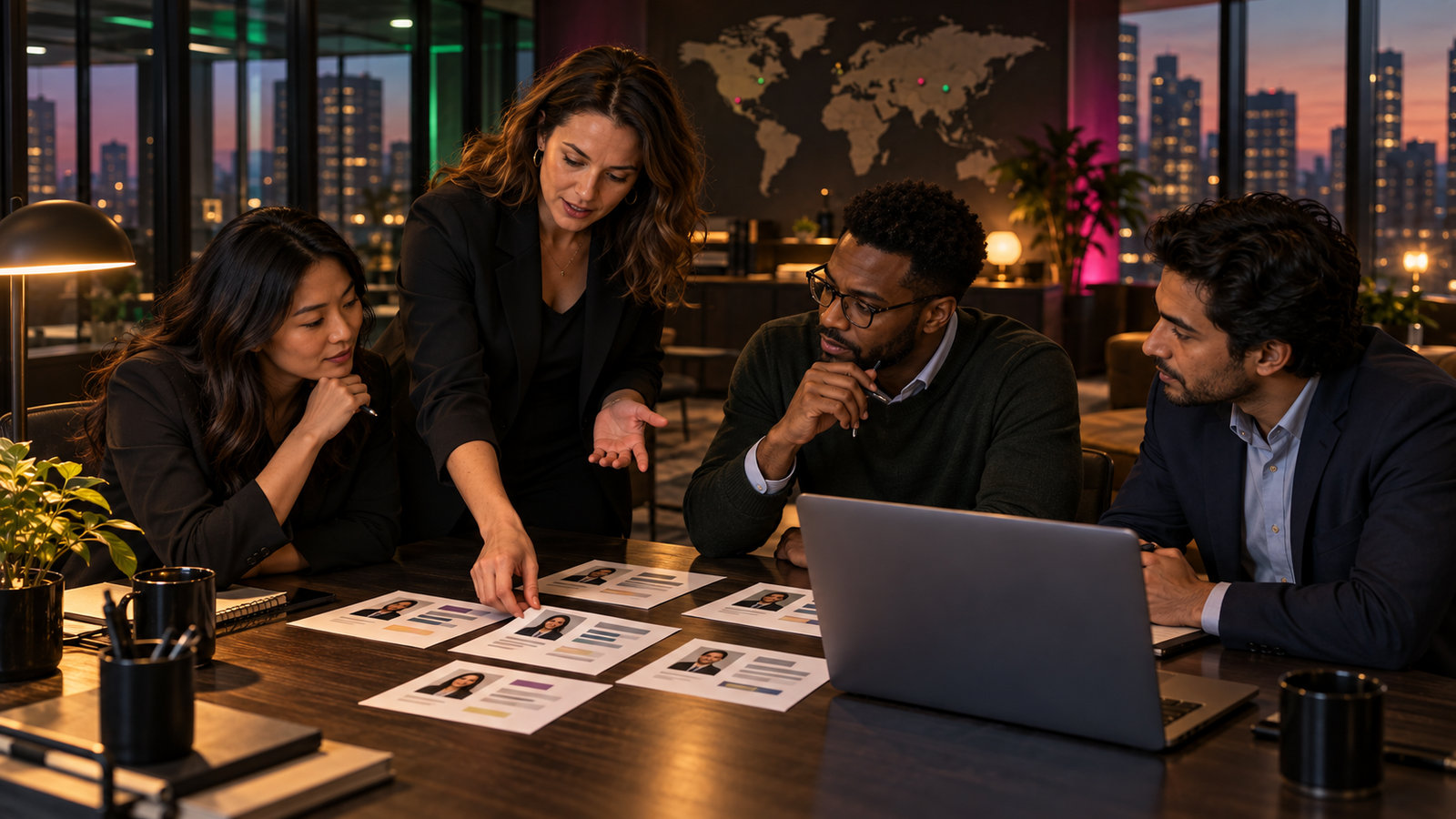 Internationales Recruiting-Team bespricht den Aufbau spezialisierter IT-Teams in einem modernen US-Büro.